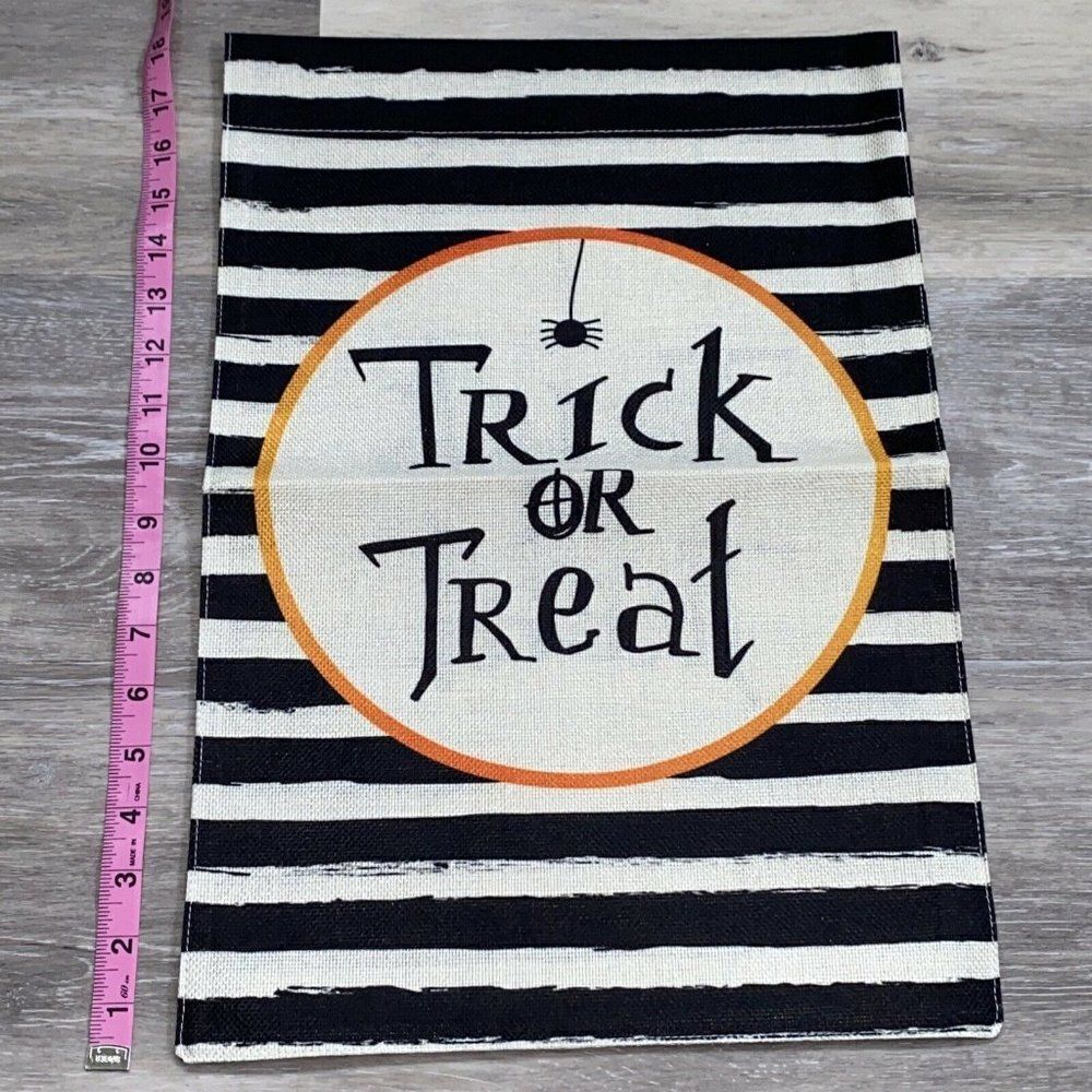 Trick Or Treat Garden Flag 12”x18”Double Sided Canvas Red Orange Spider Striped